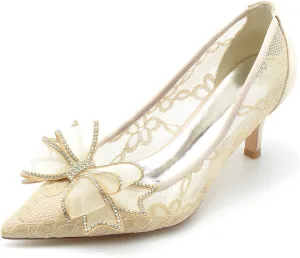 Women's Pointed Toe Lace Wedding Shoes for Bride Low Heels Comfortable Bow Bridal Shoes Heels Evening Prom Party Dress Shoes Pumps