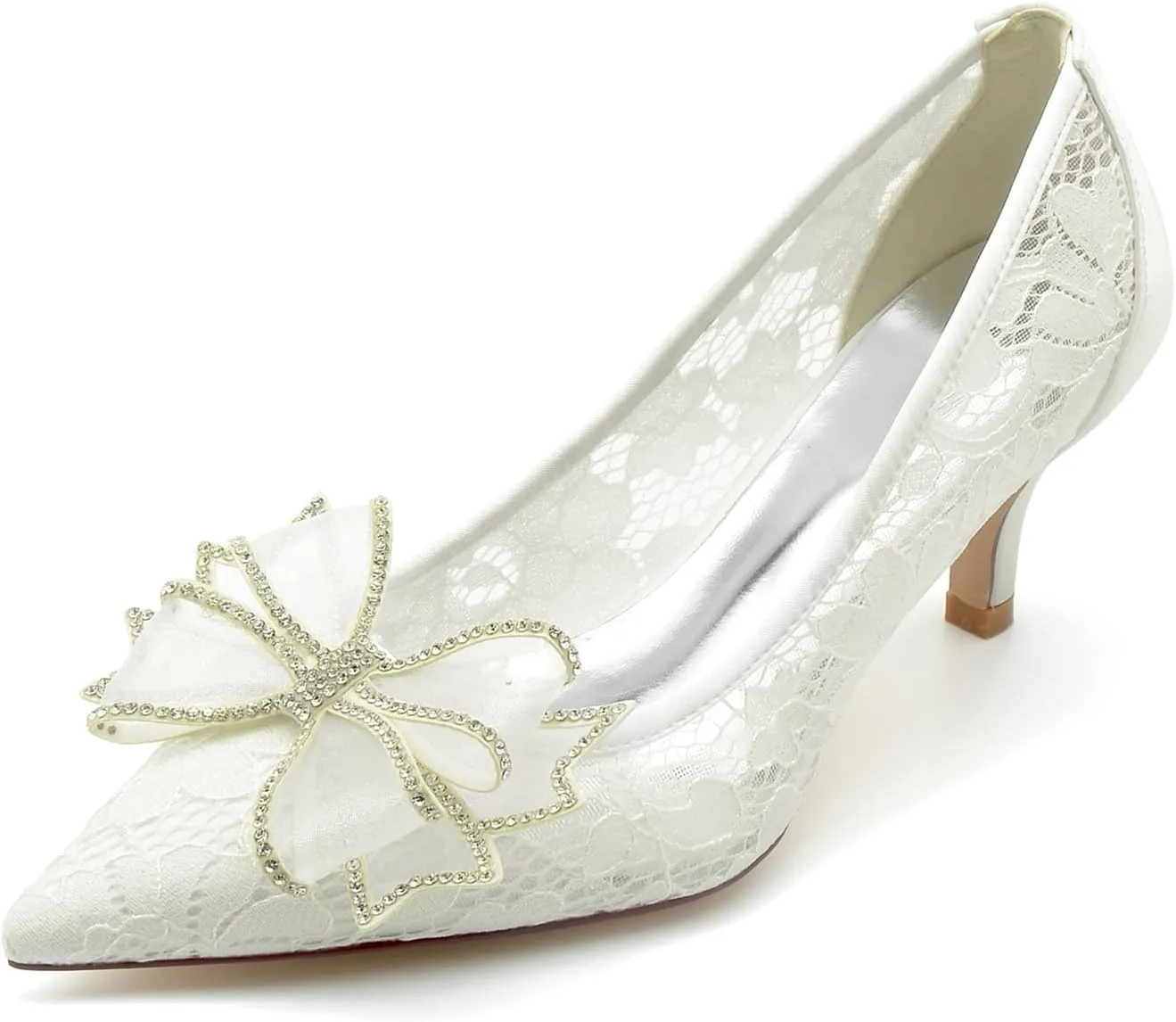 Women's Pointed Toe Lace Wedding Shoes for Bride Low Heels Comfortable Bow Bridal Shoes Heels Evening Prom Party Dress Shoes Pumps