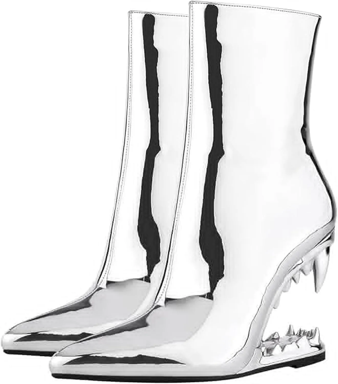 Women's Pointed Toe Side Zipper Ankle Boots Metallic Mirror Tiger Tooth High Heels