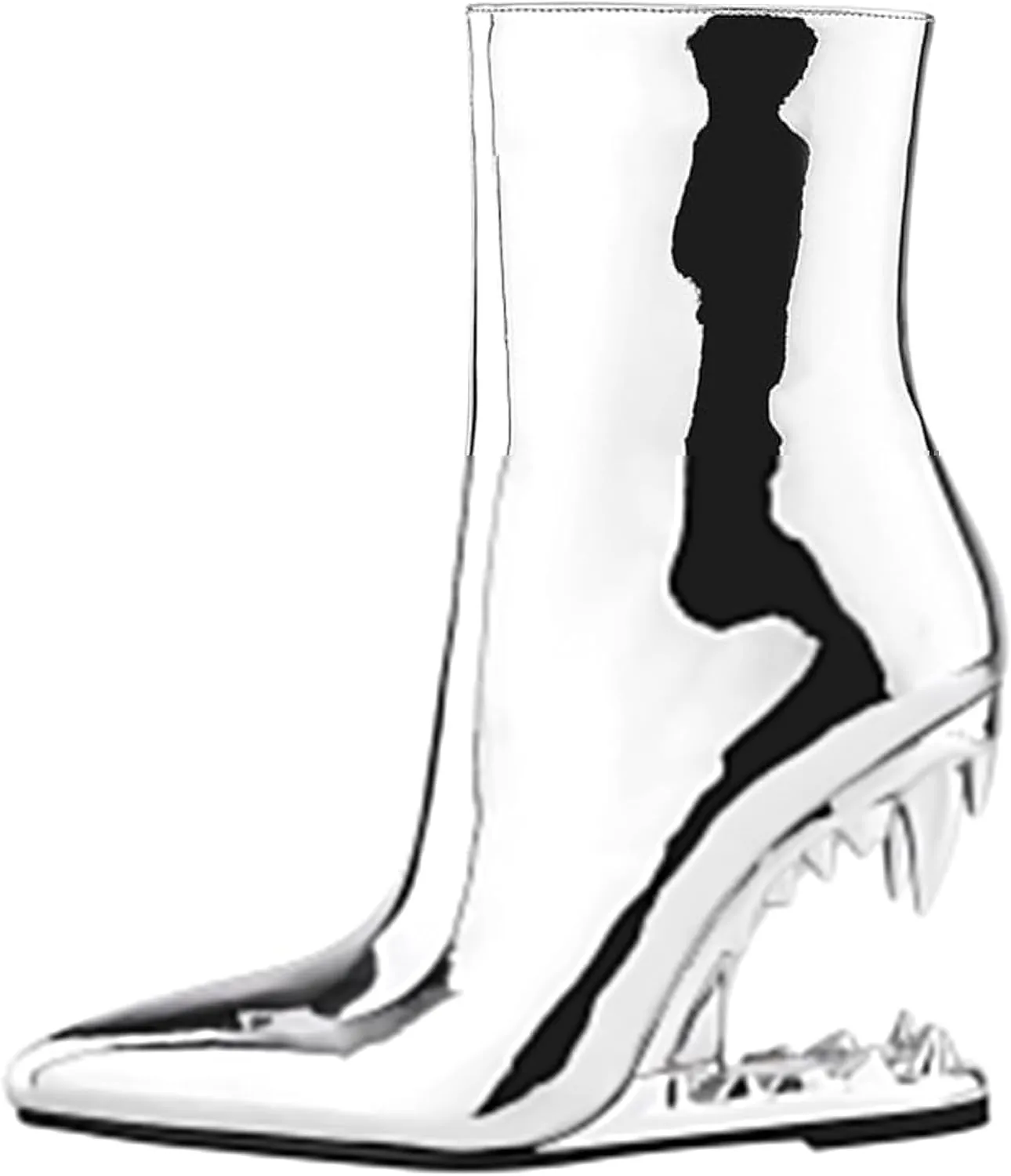 Women's Pointed Toe Side Zipper Ankle Boots Metallic Mirror Tiger Tooth High Heels