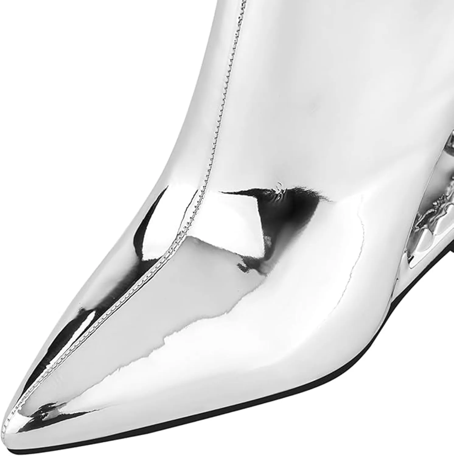 Women's Pointed Toe Side Zipper Ankle Boots Metallic Mirror Tiger Tooth High Heels
