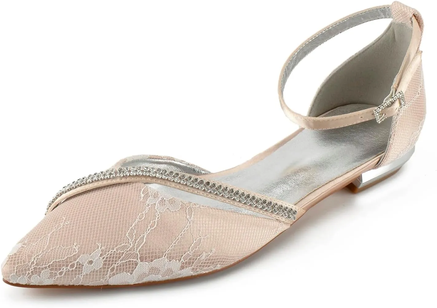Women's Pointed Toe Wedding Flats for Bride Comfortable Lace Wedding Shoes Low Heels Crystal Strap Bridal Flats