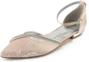 Women's Pointed Toe Wedding Flats for Bride Comfortable Lace Wedding Shoes Low Heels Crystal Strap Bridal Flats