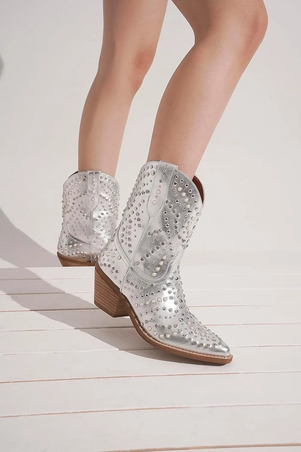Women's Purple Studded Rhinestone Pearl Western-Modern Fusion Boots - Pointed Toe, Block Heel, Pull-On - Size Women's Boot