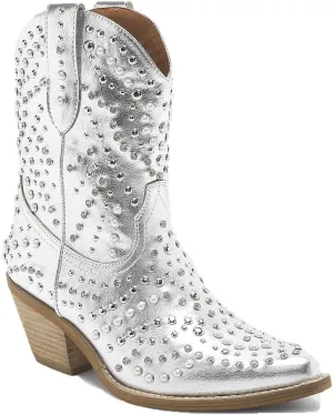 Women's Purple Studded Rhinestone Pearl Western-Modern Fusion Boots - Pointed Toe, Block Heel, Pull-On - Size Women's Boot