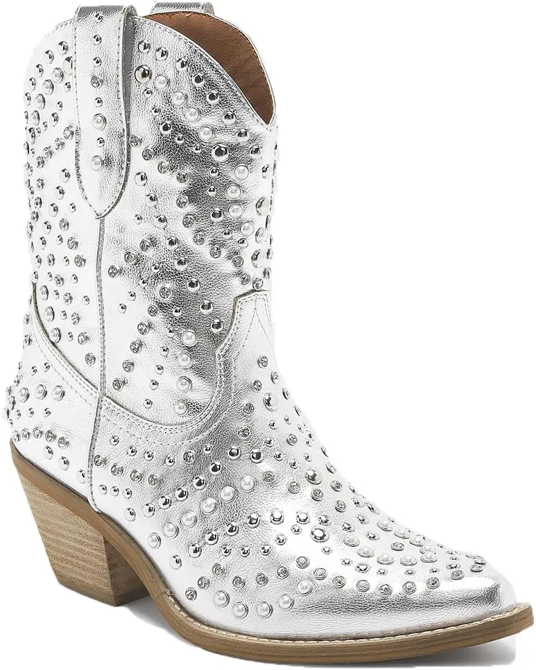 Women's Purple Studded Rhinestone Pearl Western-Modern Fusion Boots - Pointed Toe, Block Heel, Pull-On - Size Women's Boot