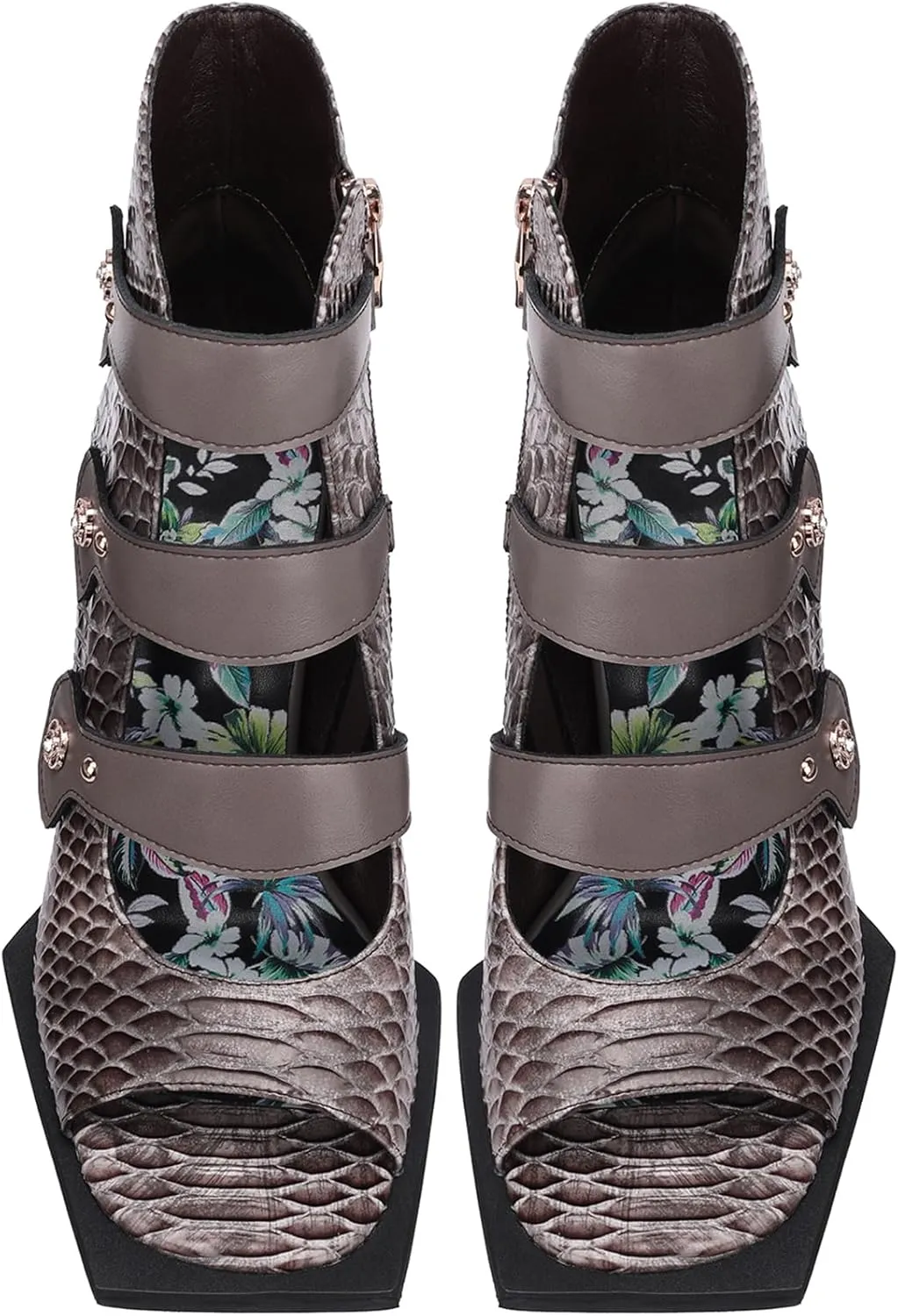 Women's Quilted Peep Toe Sandal Booties 2.75 inch Block Heel Rose Gold Button Straps | Gray Synthetic Leather Ankle Boots