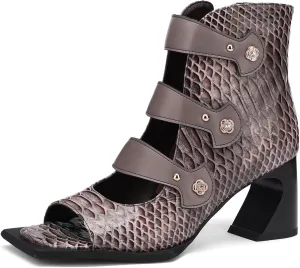 Women's Quilted Peep Toe Sandal Booties 2.75 inch Block Heel Rose Gold Button Straps | Gray Synthetic Leather Ankle Boots