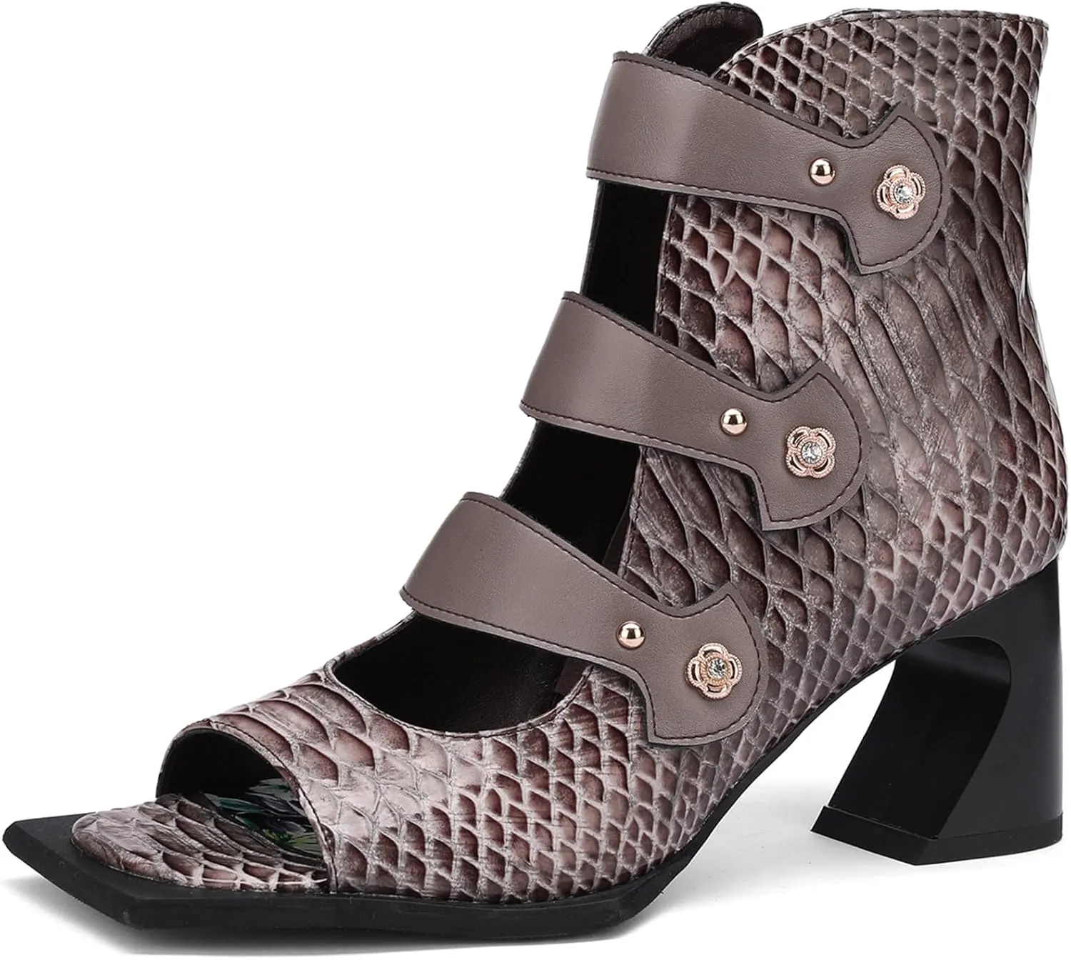 Women's Quilted Peep Toe Sandal Booties 2.75 inch Block Heel Rose Gold Button Straps | Gray Synthetic Leather Ankle Boots