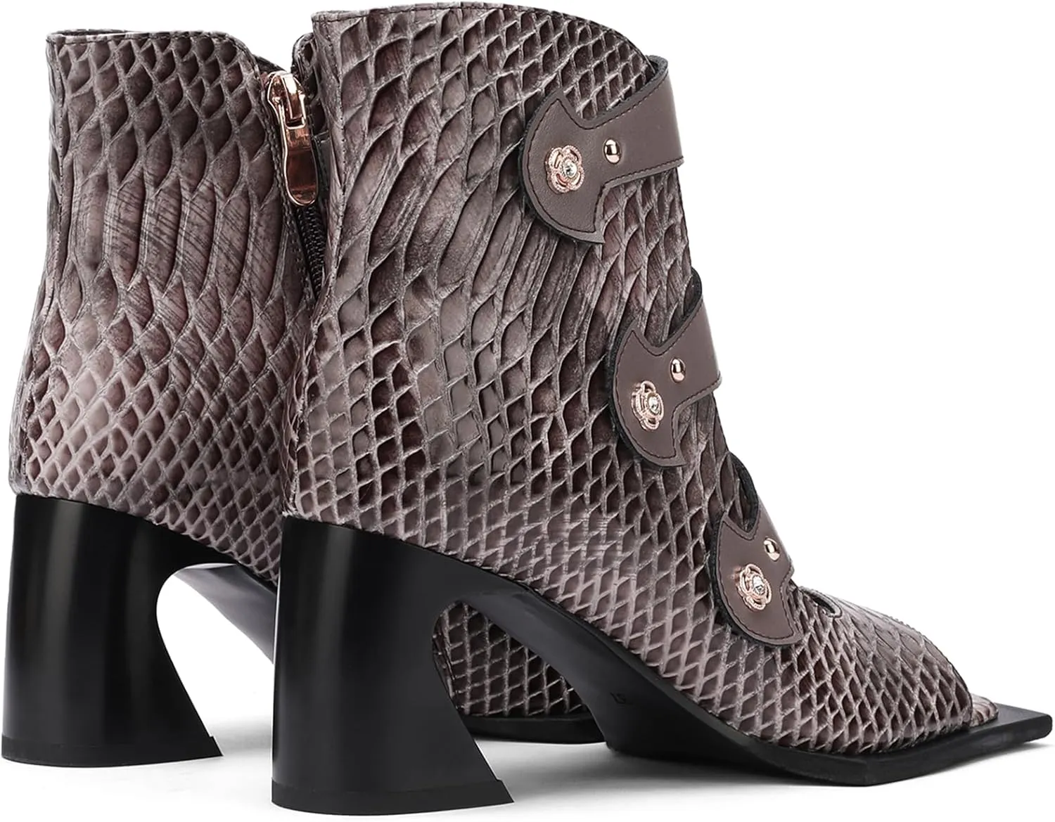 Women's Quilted Peep Toe Sandal Booties 2.75 inch Block Heel Rose Gold Button Straps | Gray Synthetic Leather Ankle Boots
