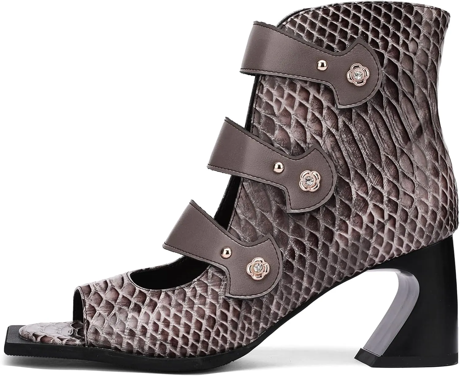 Women's Quilted Peep Toe Sandal Booties 2.75 inch Block Heel Rose Gold Button Straps | Gray Synthetic Leather Ankle Boots