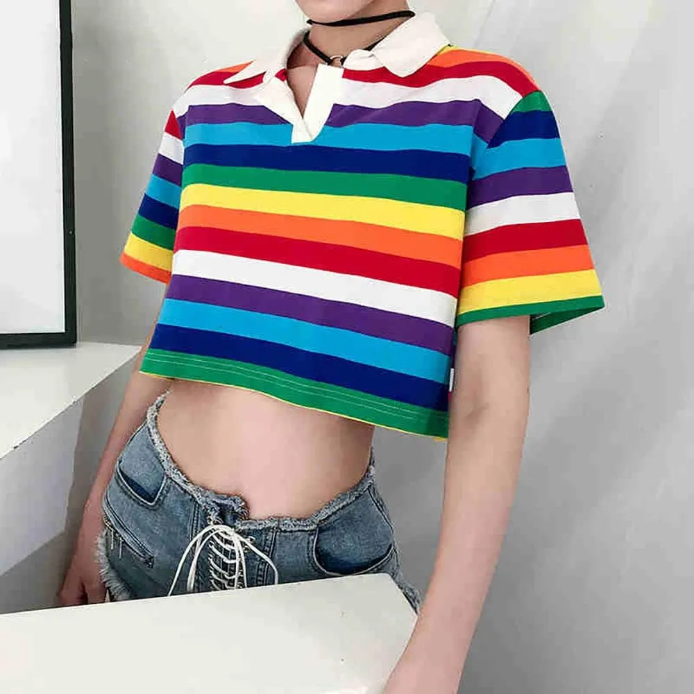 Women's Rainbow Printed Polo T-Shirt Short Sleeve Skinny Y2K Streetwear Crop Top