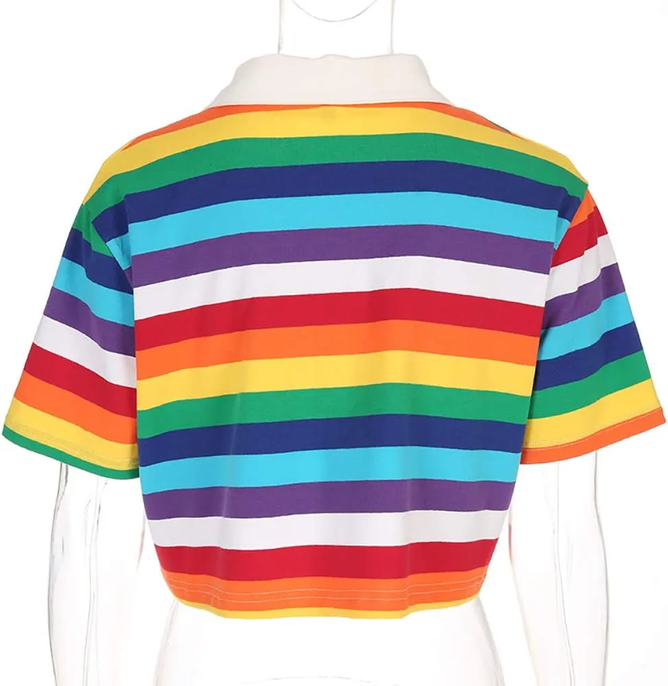 Women's Rainbow Printed Polo T-Shirt Short Sleeve Skinny Y2K Streetwear Crop Top