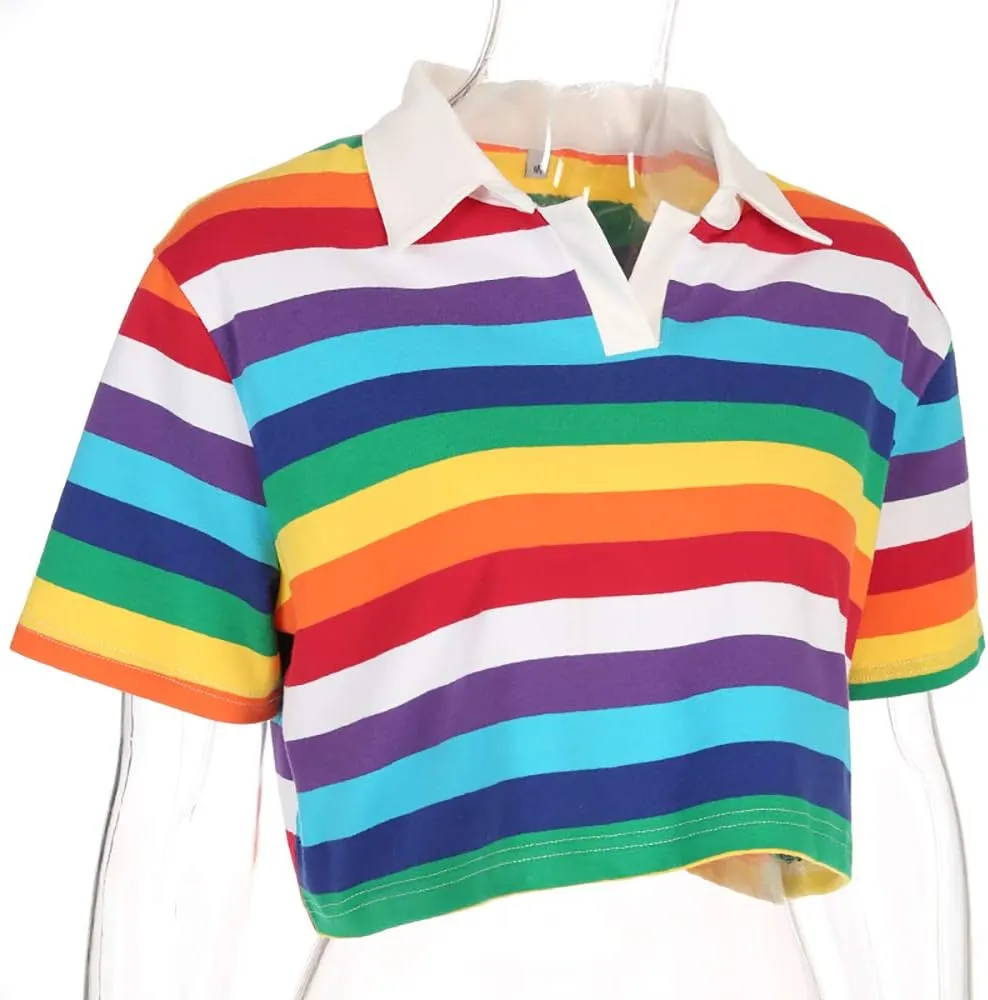 Women's Rainbow Printed Polo T-Shirt Short Sleeve Skinny Y2K Streetwear Crop Top