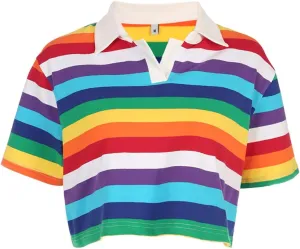 Women's Rainbow Printed Polo T-Shirt Short Sleeve Skinny Y2K Streetwear Crop Top