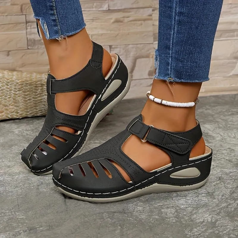 Women's Retro Wedge Sandals, Closed Toe Hollow trendy Shoes, Casual Slingback Sandals for spring and summer