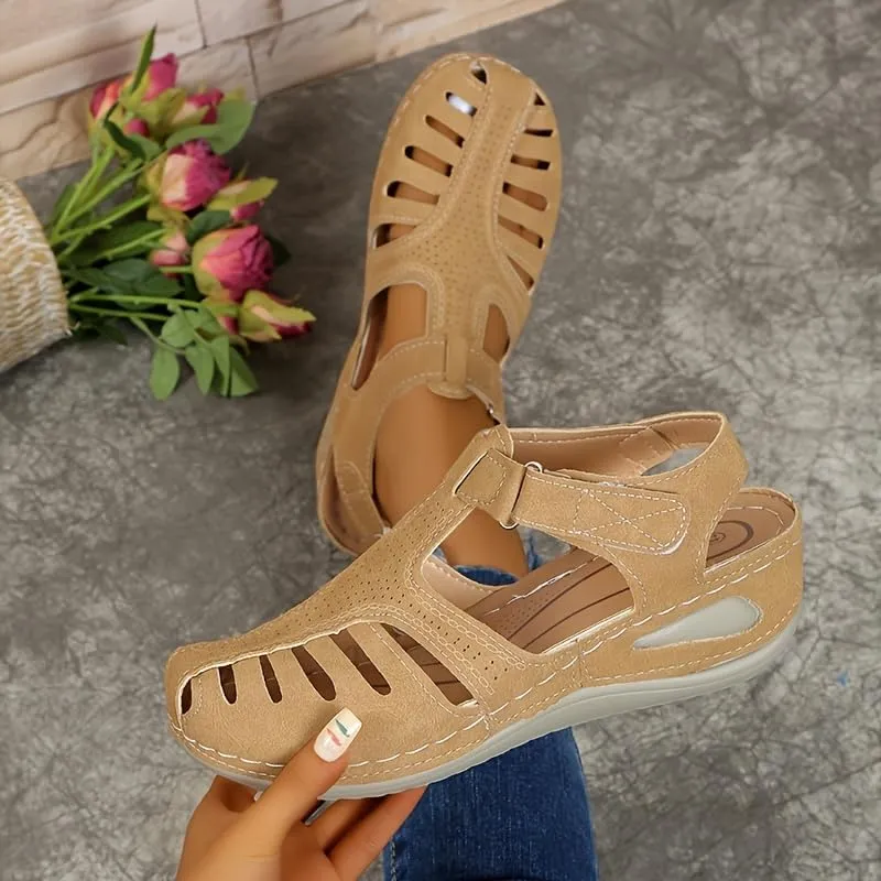Women's Retro Wedge Sandals, Closed Toe Hollow trendy Shoes, Casual Slingback Sandals for spring and summer