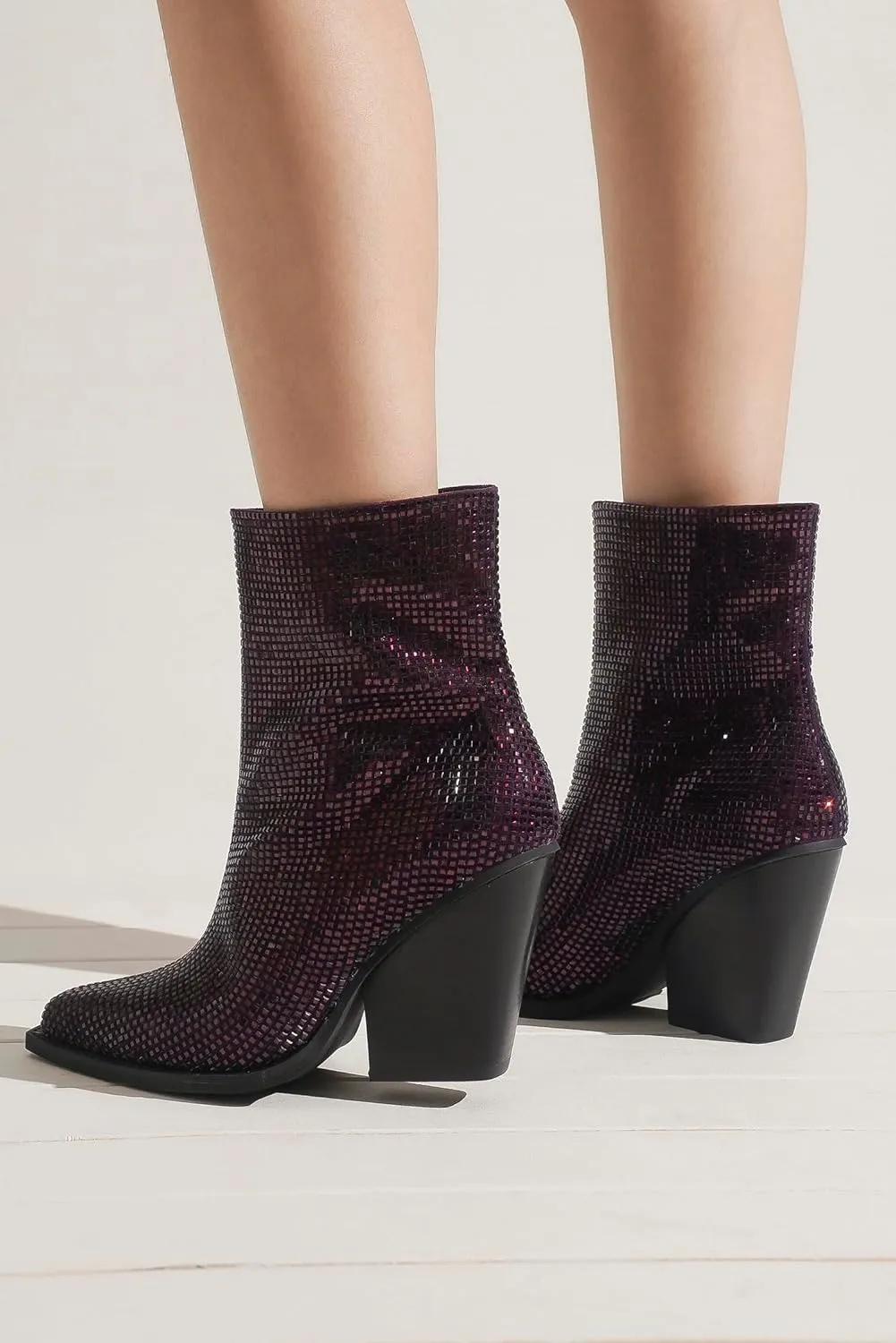 Women's Rhinestone Ankle Boots Sparky Cowboy Boots Stacked Block Heel Boots Cowgirl Boots Pointed Toe Boots