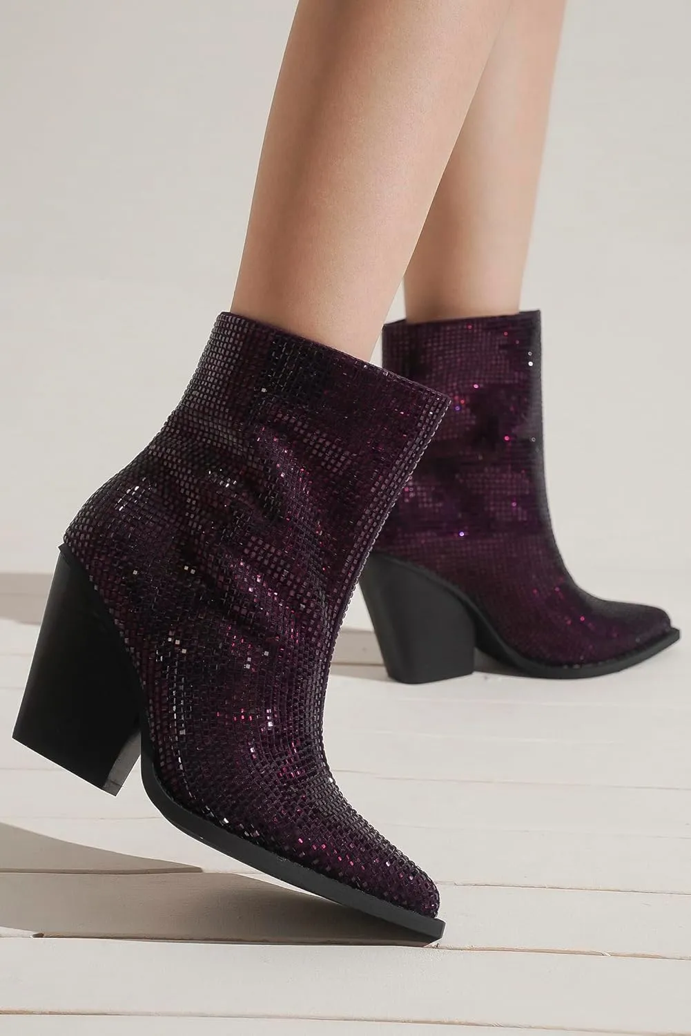 Women's Rhinestone Ankle Boots Sparky Cowboy Boots Stacked Block Heel Boots Cowgirl Boots Pointed Toe Boots