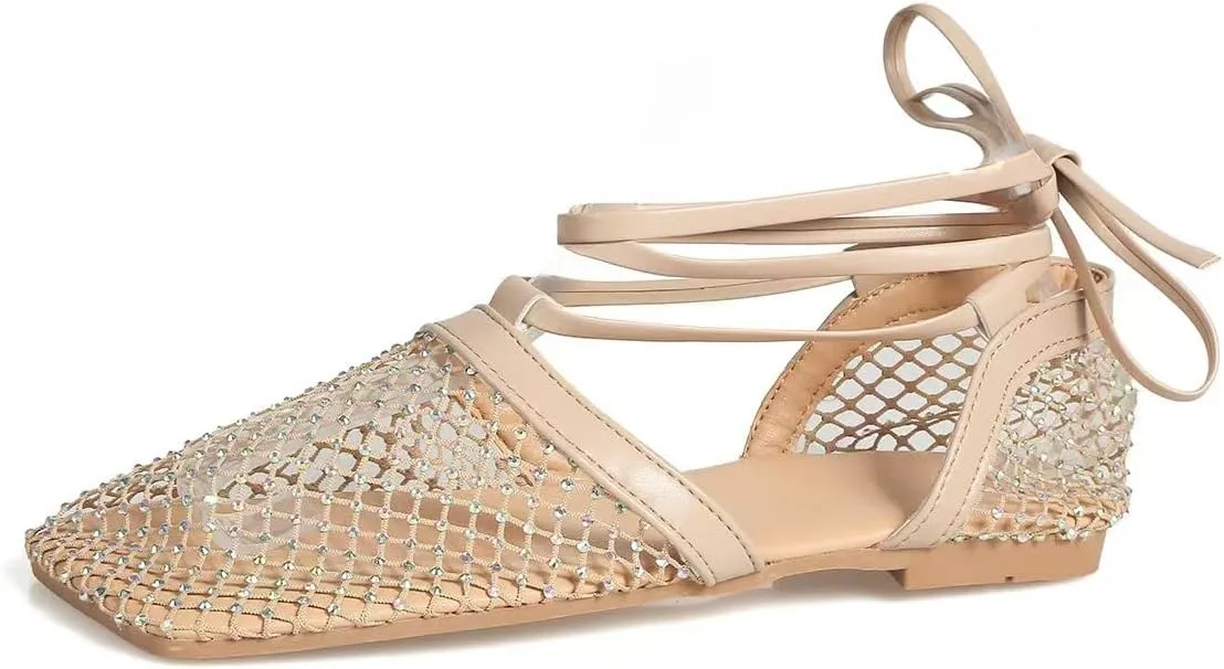 Women's Rhinestone Ballet Flats Lace up Mesh Square Toe Ankle Wrap Glitter Party Sandals Fishnet Hollow Flat Shoes