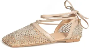 Women's Rhinestone Ballet Flats Lace up Mesh Square Toe Ankle Wrap Glitter Party Sandals Fishnet Hollow Flat Shoes
