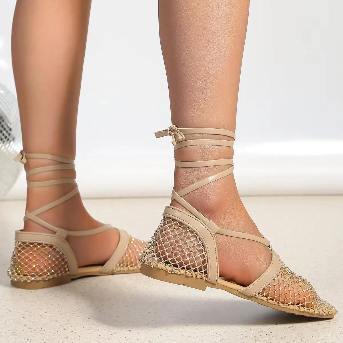 Women's Rhinestone Ballet Flats Lace up Mesh Square Toe Ankle Wrap Glitter Party Sandals Fishnet Hollow Flat Shoes