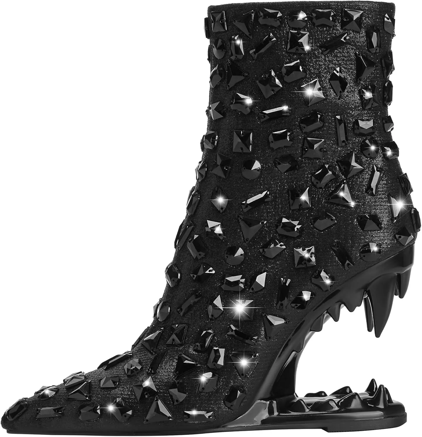 Women's Rhinestone Pointed Toe Tiger Tooth Side Zipper Comfortable Fashion Ankle Boots