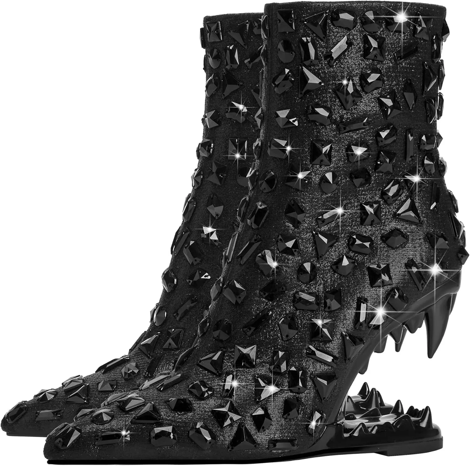 Women's Rhinestone Pointed Toe Tiger Tooth Side Zipper Comfortable Fashion Ankle Boots