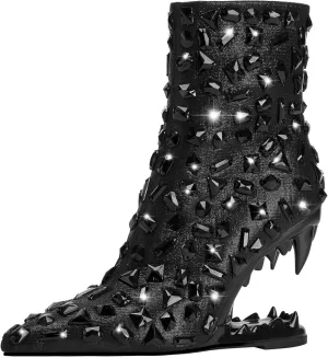 Women's Rhinestone Pointed Toe Tiger Tooth Side Zipper Comfortable Fashion Ankle Boots