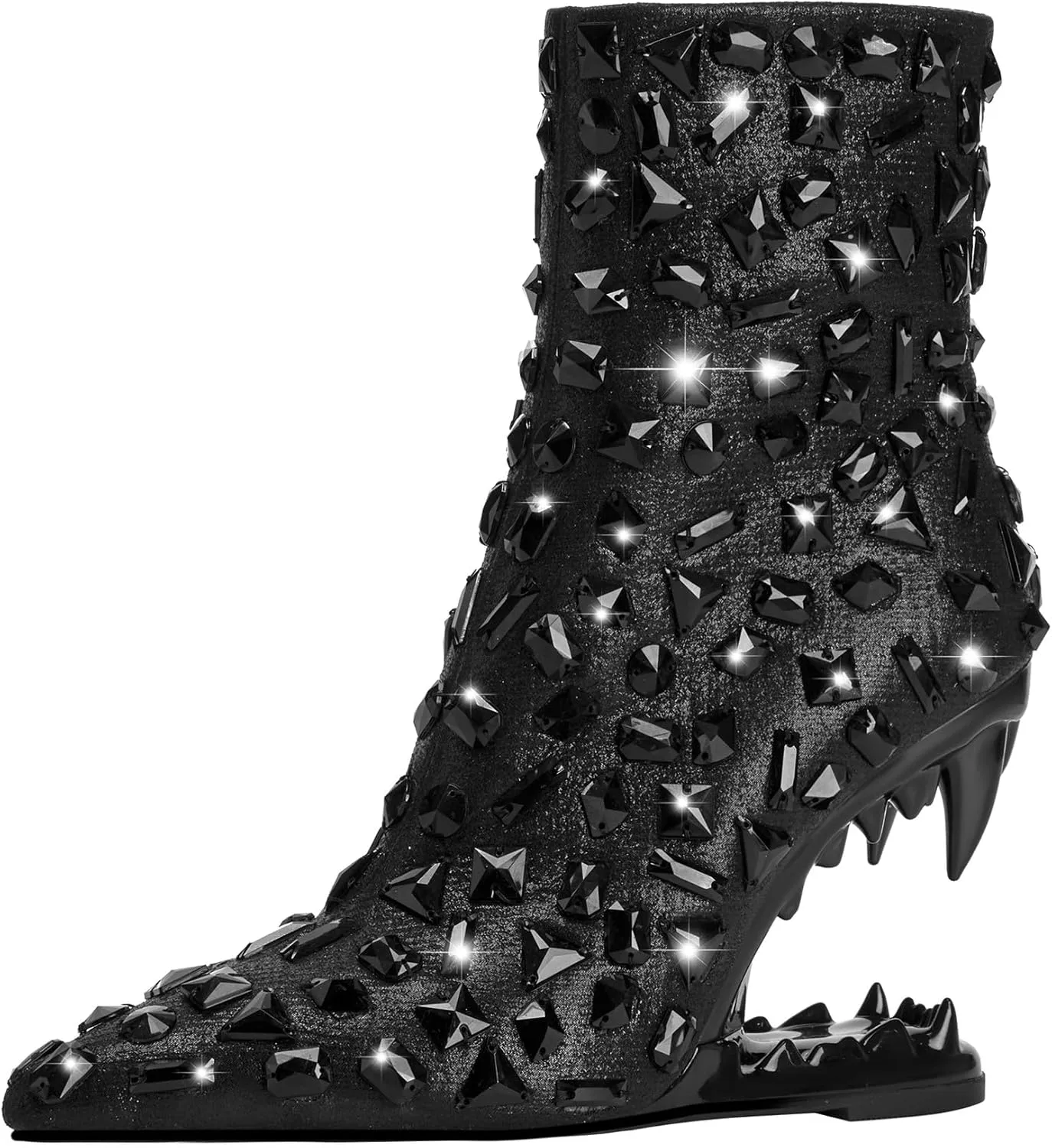 Women's Rhinestone Pointed Toe Tiger Tooth Side Zipper Comfortable Fashion Ankle Boots