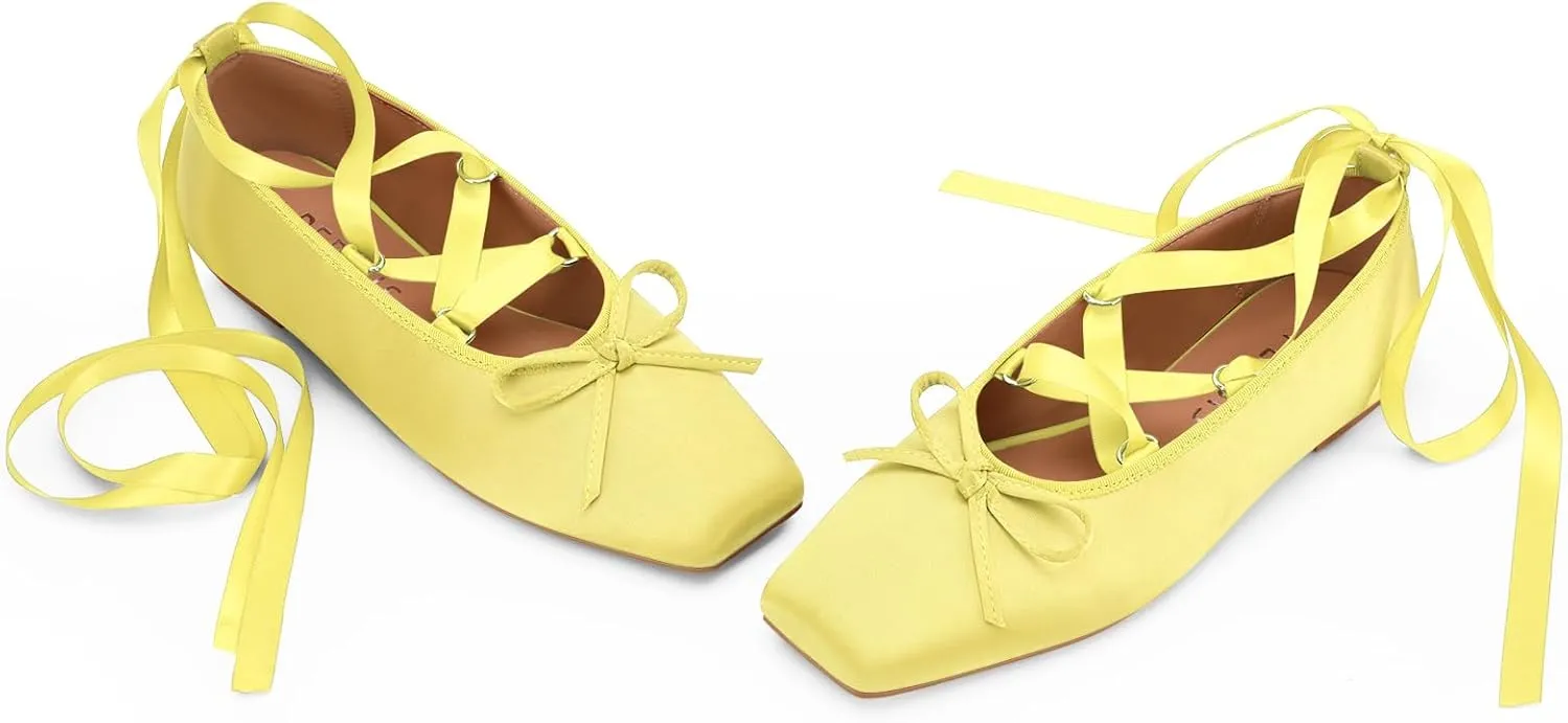 Women's Satin Ballet Flats Light Pink Closed Square Toe Bow Ballerina Slippers Comfy Lace Up Flat Shoes Strappy Mary Janes Cute Elegant Pumps for Ladies Dressy
