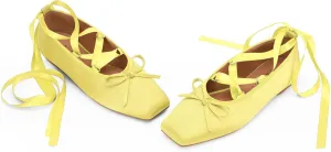 Women's Satin Ballet Flats Light Pink Closed Square Toe Bow Ballerina Slippers Comfy Lace Up Flat Shoes Strappy Mary Janes Cute Elegant Pumps for Ladies Dressy