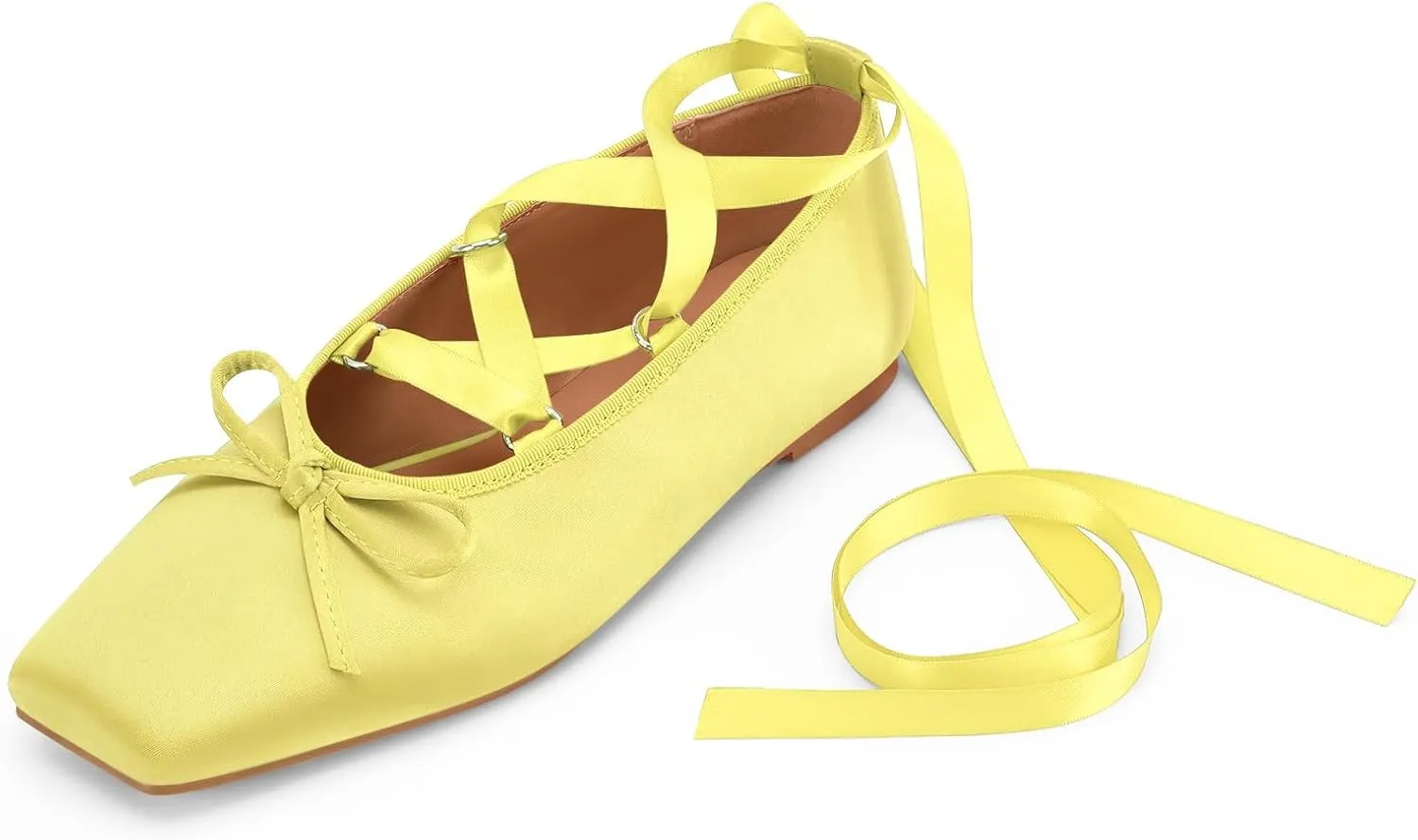 Women's Satin Ballet Flats Light Pink Closed Square Toe Bow Ballerina Slippers Comfy Lace Up Flat Shoes Strappy Mary Janes Cute Elegant Pumps for Ladies Dressy