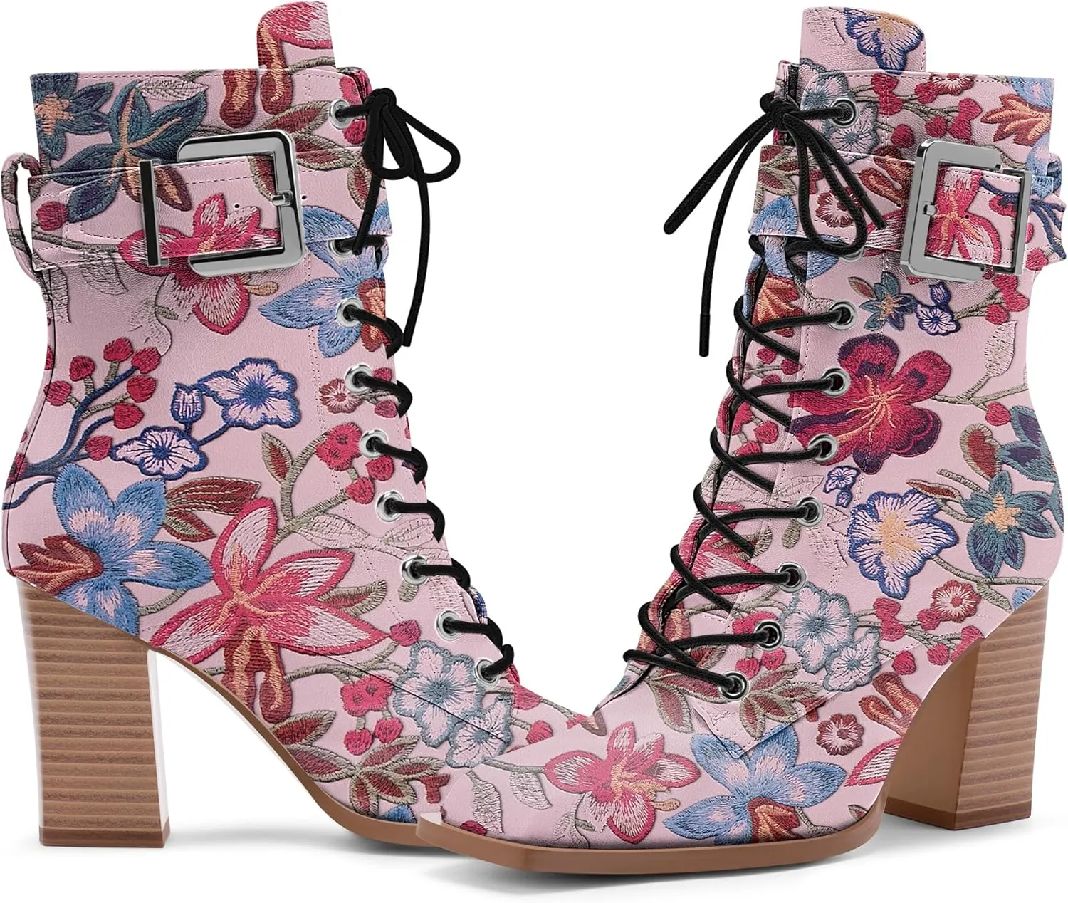 Women's Sexy Block High Heel Ankle Boots Square Toe Lace Up Buckle Strap Dress Booties