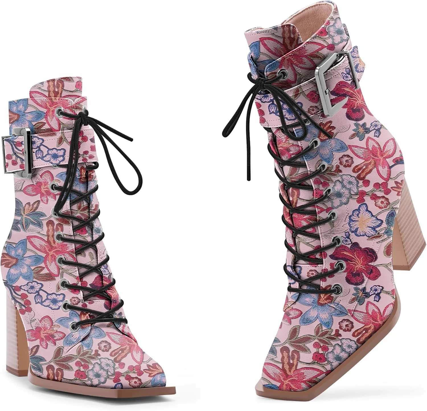 Women's Sexy Block High Heel Ankle Boots Square Toe Lace Up Buckle Strap Dress Booties