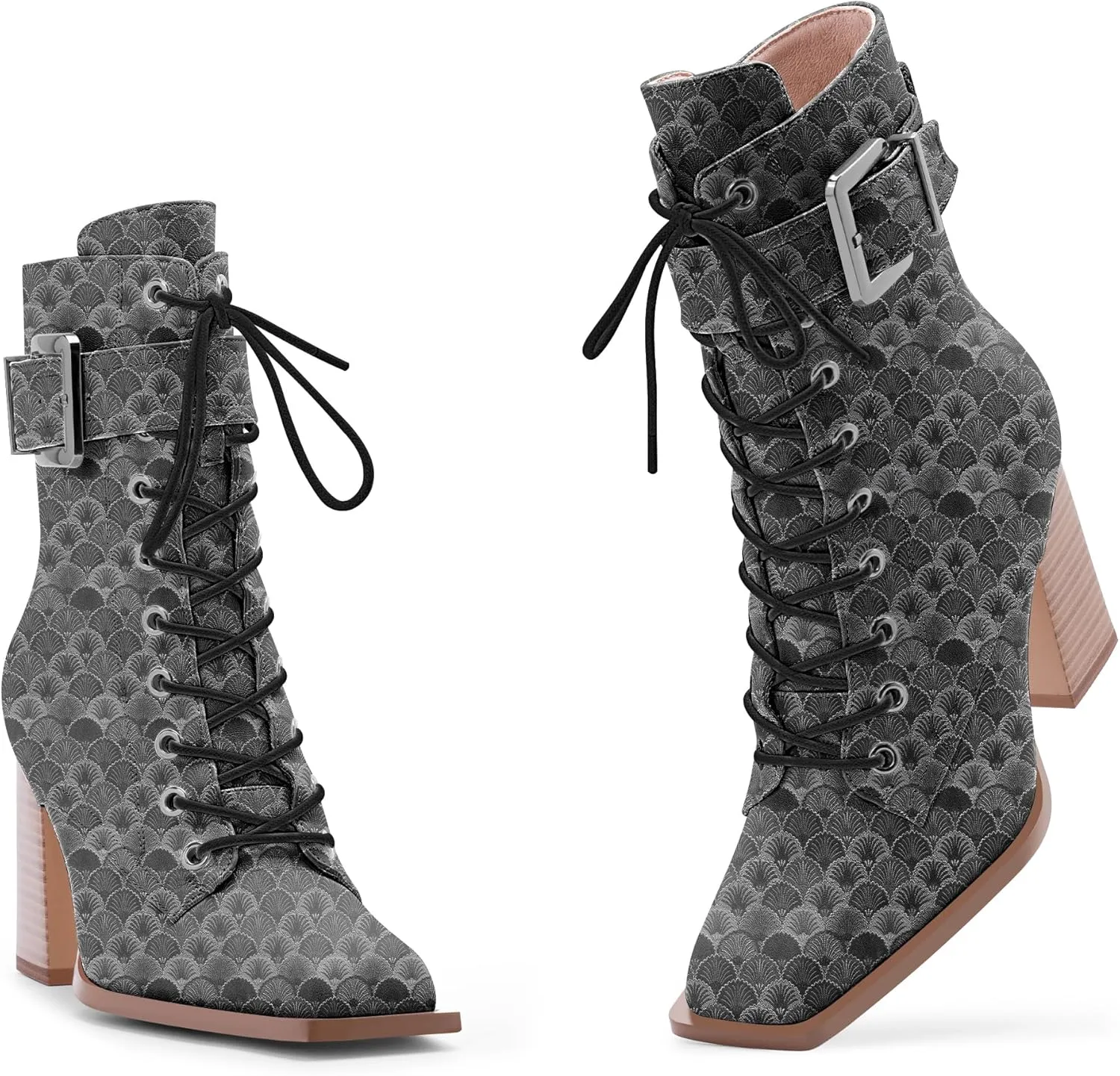Women's Sexy Block High Heel Ankle Boots Square Toe Lace Up Buckle Strap Dress Booties
