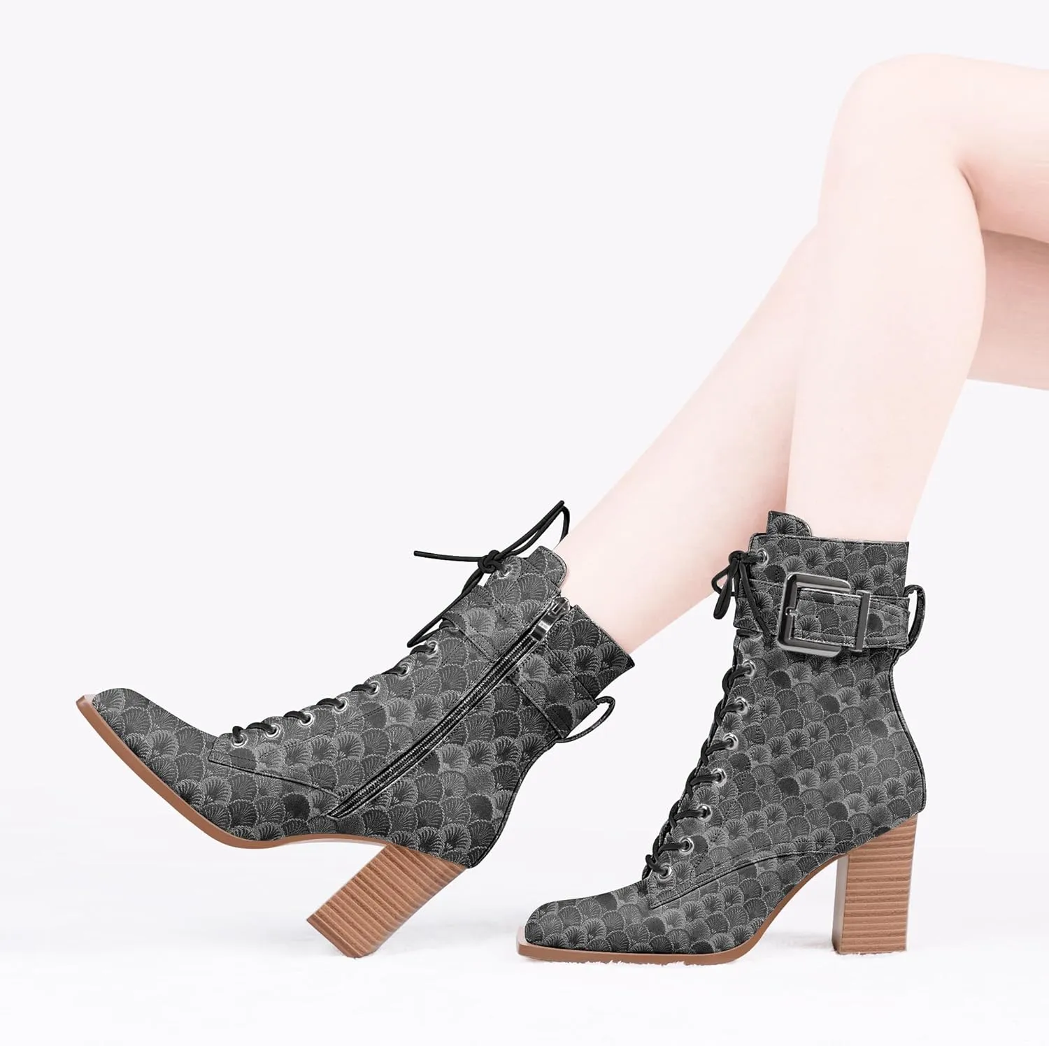 Women's Sexy Block High Heel Ankle Boots Square Toe Lace Up Buckle Strap Dress Booties