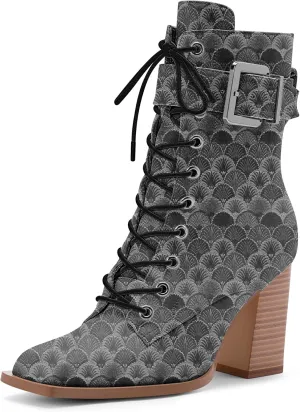 Women's Sexy Block High Heel Ankle Boots Square Toe Lace Up Buckle Strap Dress Booties