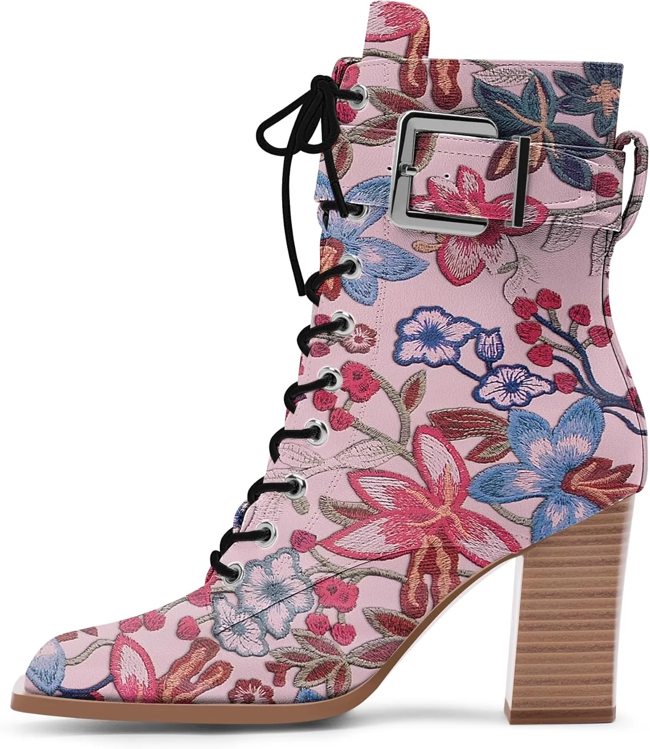 Women's Sexy Block High Heel Ankle Boots Square Toe Lace Up Buckle Strap Dress Booties