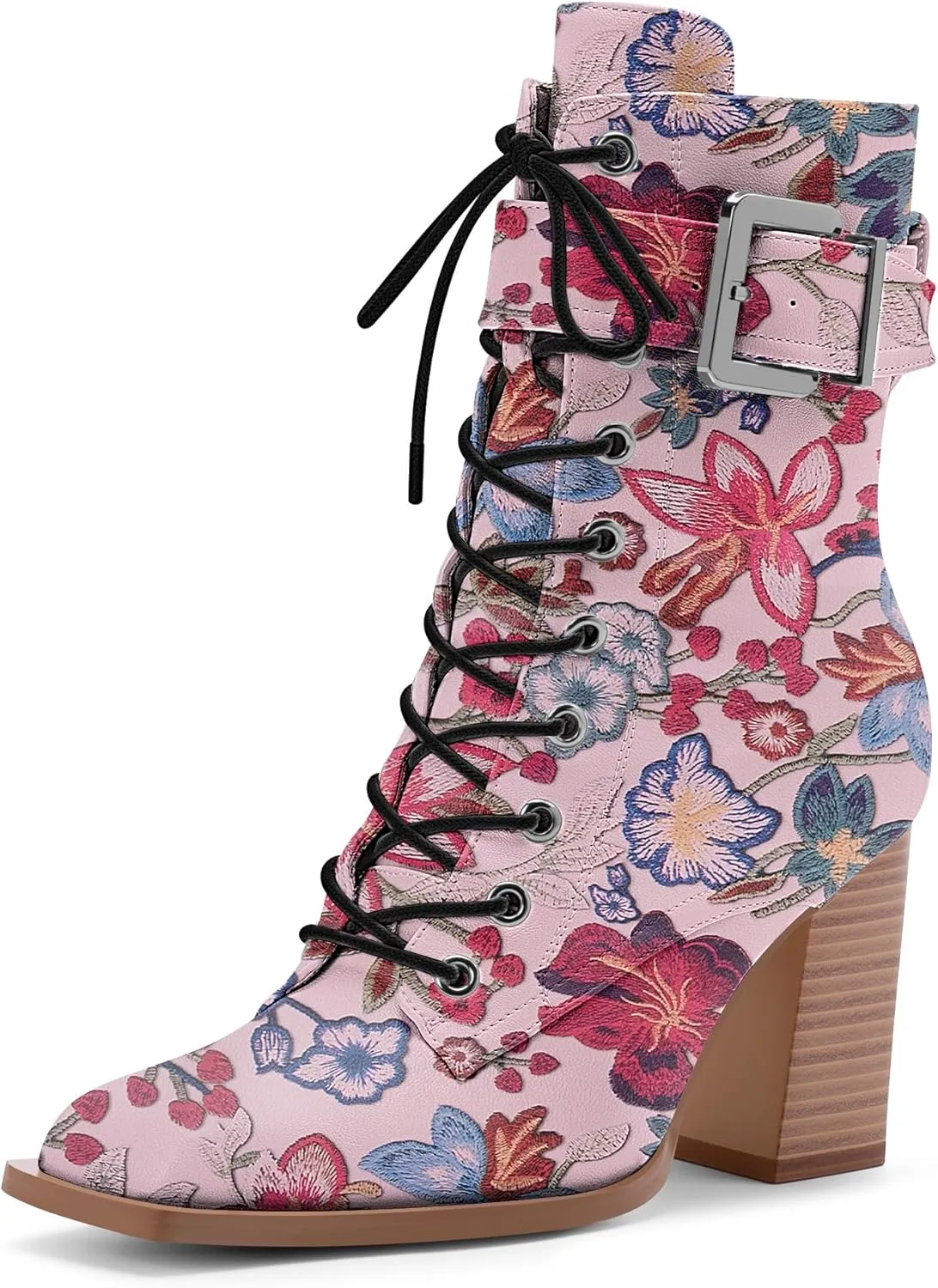 Women's Sexy Block High Heel Ankle Boots Square Toe Lace Up Buckle Strap Dress Booties