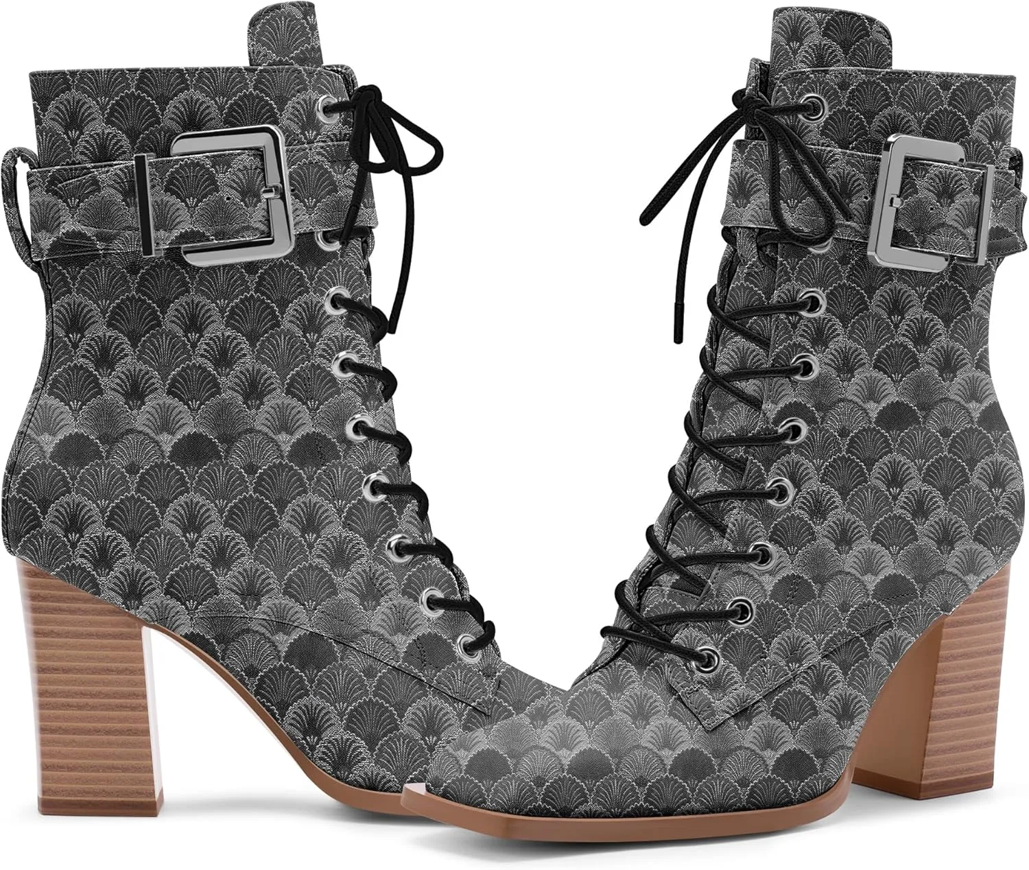Women's Sexy Block High Heel Ankle Boots Square Toe Lace Up Buckle Strap Dress Booties