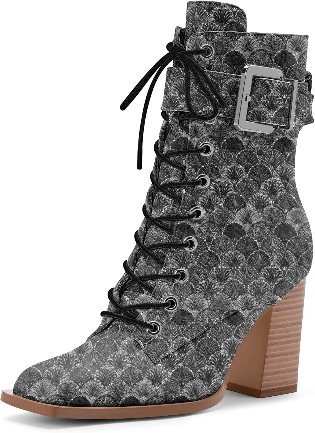 Women's Sexy Block High Heel Ankle Boots Square Toe Lace Up Buckle Strap Dress Booties