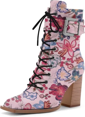 Women's Sexy Block High Heel Ankle Boots Square Toe Lace Up Buckle Strap Dress Booties
