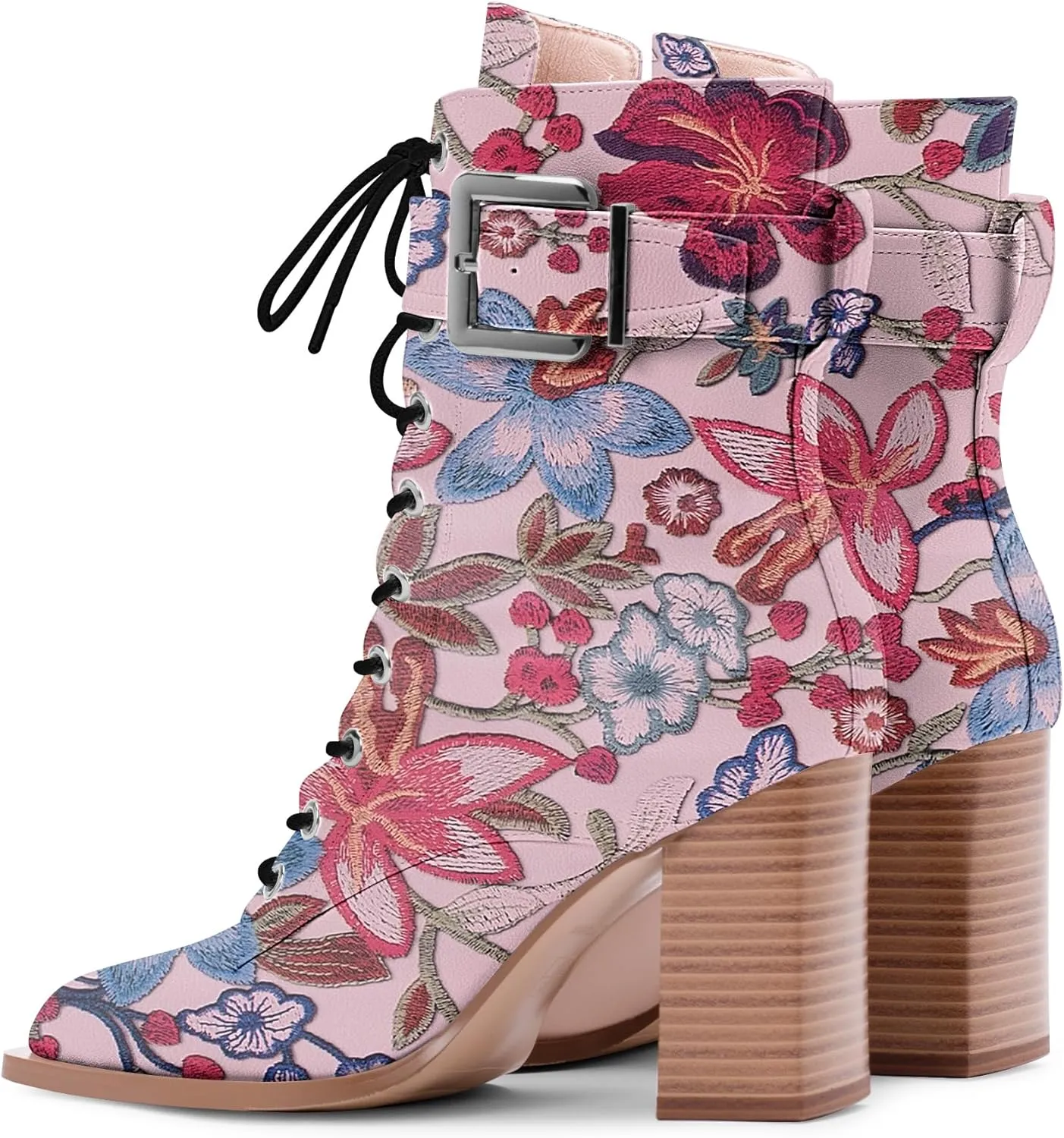 Women's Sexy Block High Heel Ankle Boots Square Toe Lace Up Buckle Strap Dress Booties