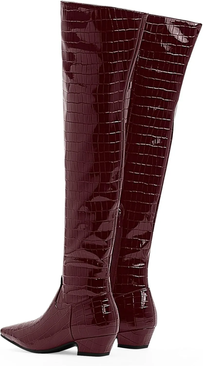 Women's Sexy Crocodile Over The Knee High Boots Low Heel Long Fall Boots