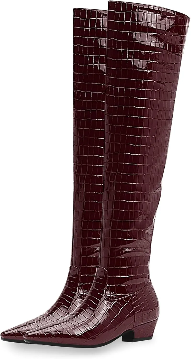 Women's Sexy Crocodile Over The Knee High Boots Low Heel Long Fall Boots
