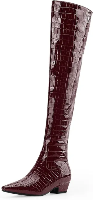 Women's Sexy Crocodile Over The Knee High Boots Low Heel Long Fall Boots