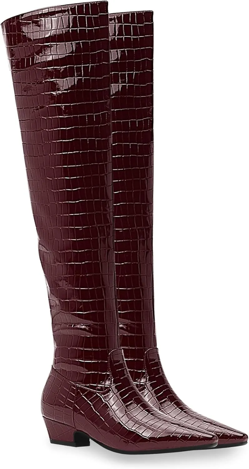 Women's Sexy Crocodile Over The Knee High Boots Low Heel Long Fall Boots