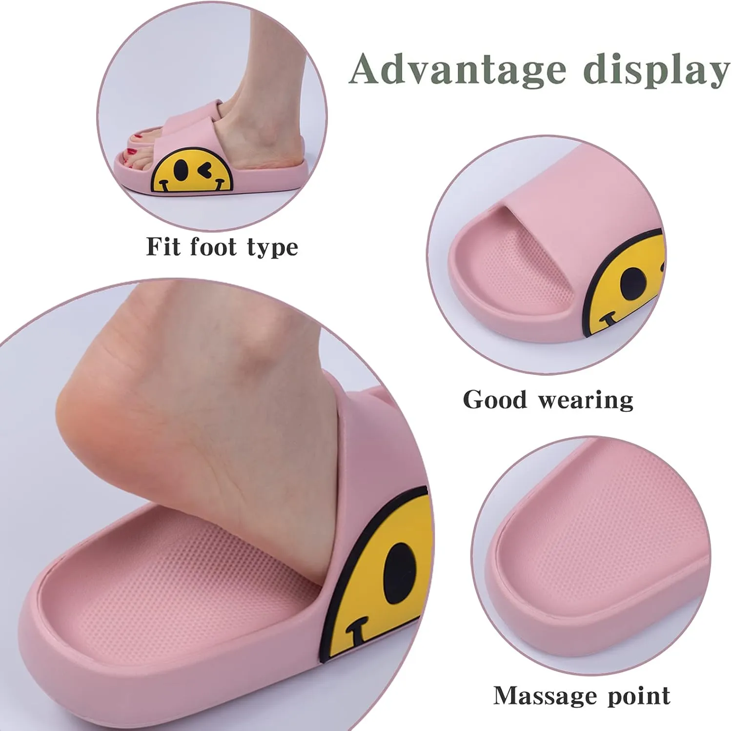 Womens Slides,Pillow Slippers Sandals for Men,Unisex Non slip Quick Dry Shower Shoes Indoor Outdoor Open Toe Spa Bath Pool Gym House Casual Massage Smile Face Slippers