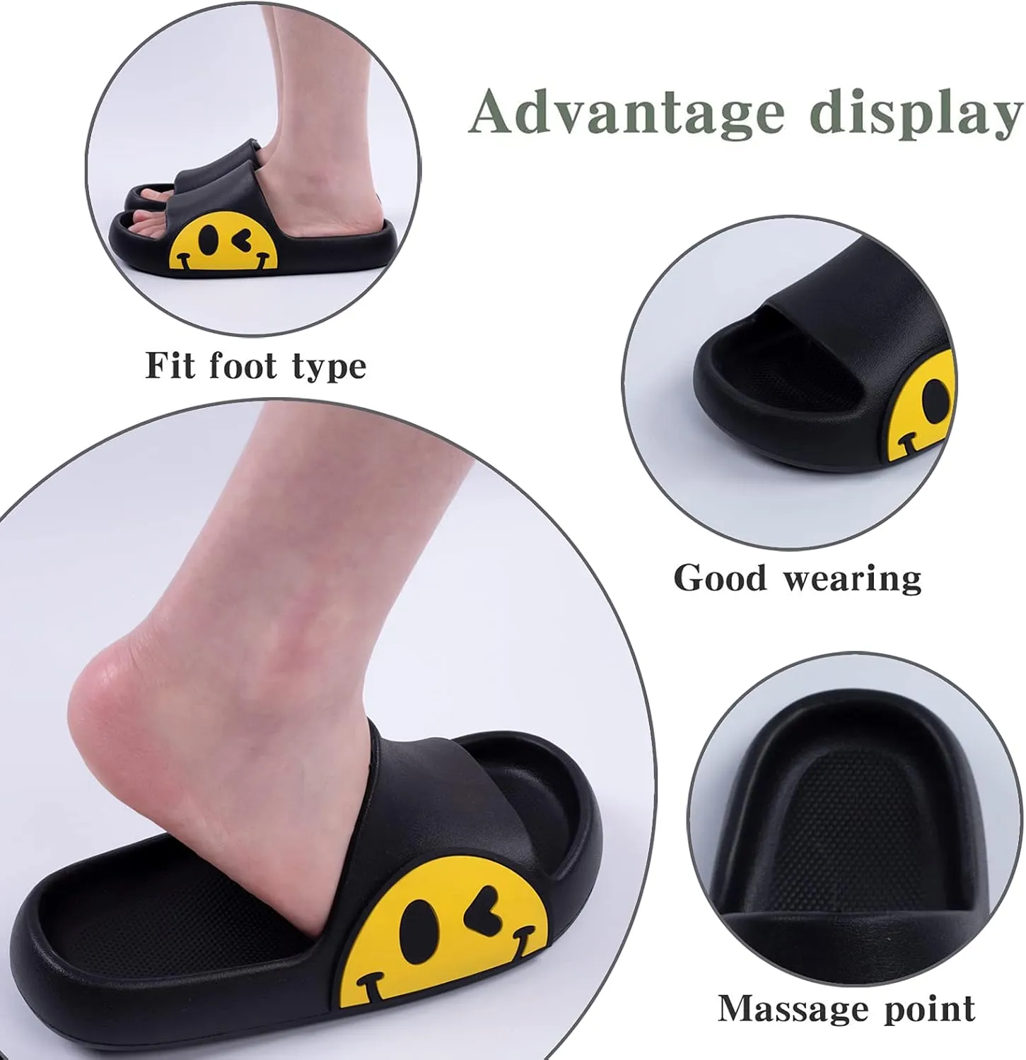 Womens Slides,Pillow Slippers Sandals for Men,Unisex Non slip Quick Dry Shower Shoes Indoor Outdoor Open Toe Spa Bath Pool Gym House Casual Massage Smile Face Slippers